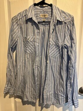 Express Women’s Blue & White Vertical Stripe Button-Down Shirt